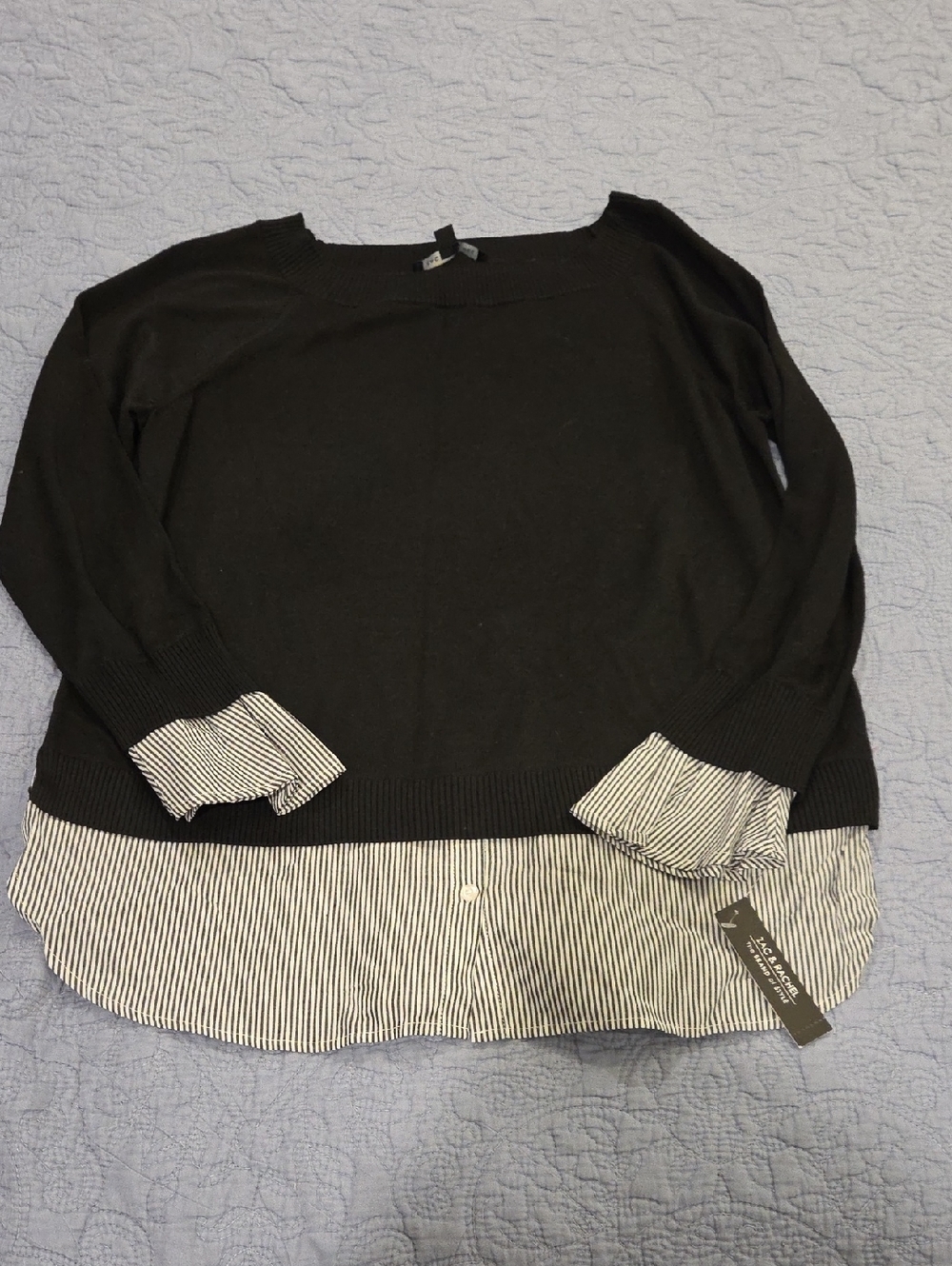 Zac & Rachel Black Layered-Look Crewneck Sweater with Striped Hem Blouse Look
